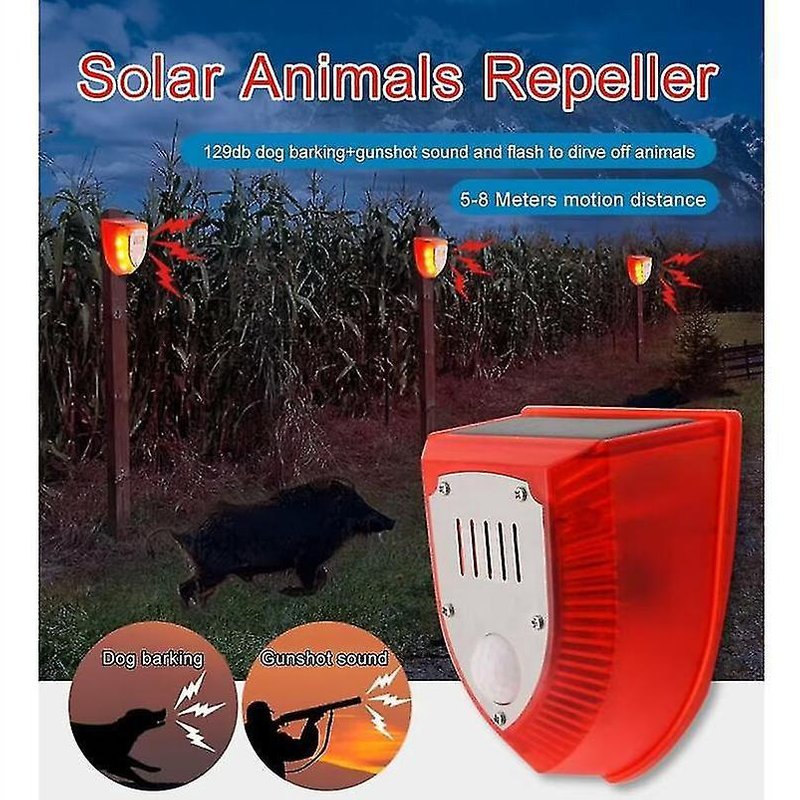 Système d'alarme sonore et lumineuse solaire étanche de 129 dB avec fausse alarme, lumière clignotante, bruits de coups de feu et aboiements de chien (rouge)