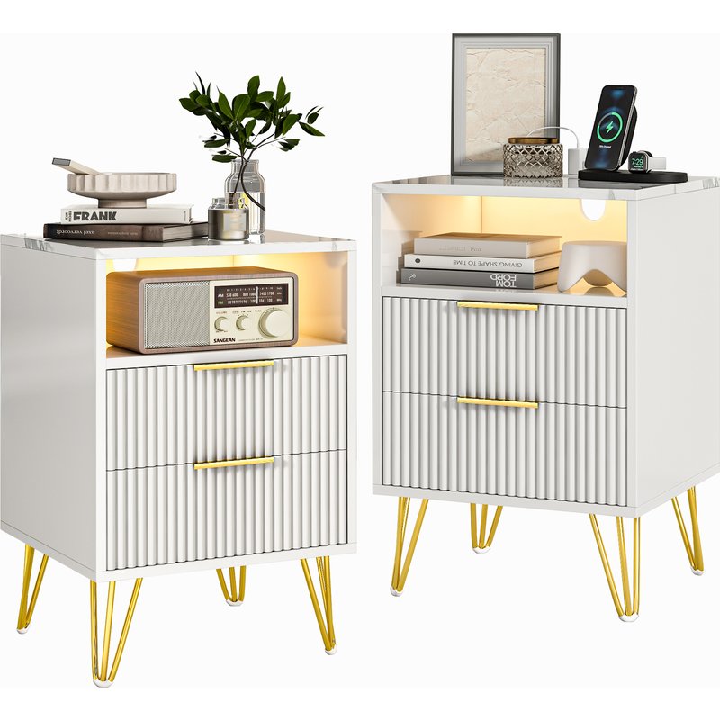 WUMAGIN - Ensemble de 2 tables de chevet avec 2 tiroirs, table de nuit avec lumière LED - Blanc