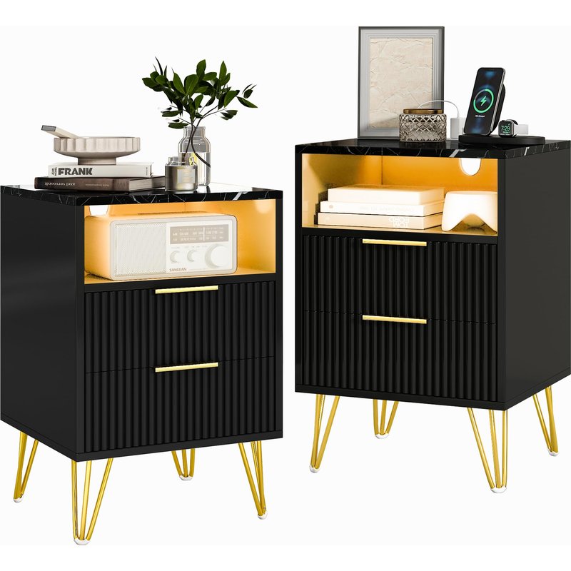 WUMAGIN - Ensemble de 2 tables de chevet avec 2 tiroirs, table de nuit avec lumière LED - Noir