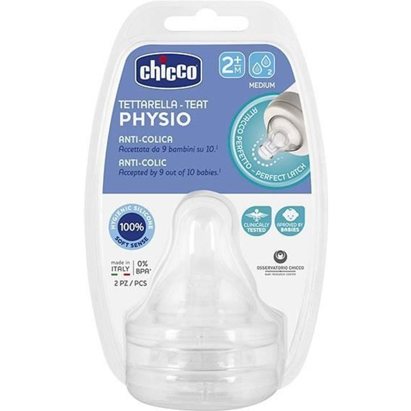 Tétine Physiologique Anti-Coliques Débit Moyen +2m - Chicco - Lot De 2