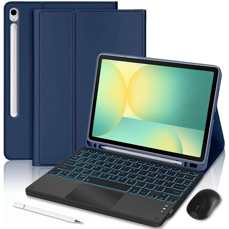 Coque pour Samsung Galaxy Tab S10 FE / S9 FE, Cuir PU Bleu Marine avec Clavier Rétroéclairé + Souris + Stylet - E.F.Connection