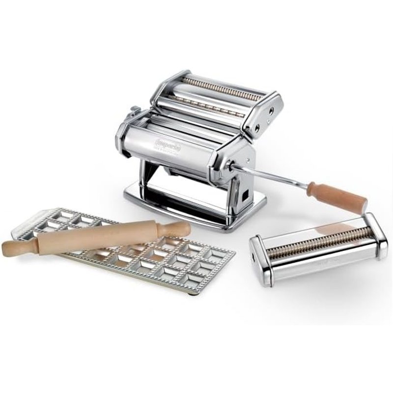 Imperia - Coffret cadeau composé d'iPasta T. 2/6,5 mm Classica, d'un moule à ravioli, d'un coupe-pâtes et d'un rouleau à pâtisserie.