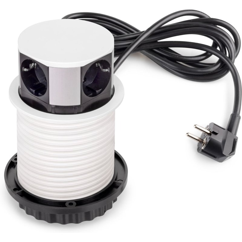 Emuca Multiconnecteur Vertikal Push diamètre 100mm, 3 prises de type Schuko, 1 USB type A, 1 USB type C, Acier et Plastique, Peint en blanc