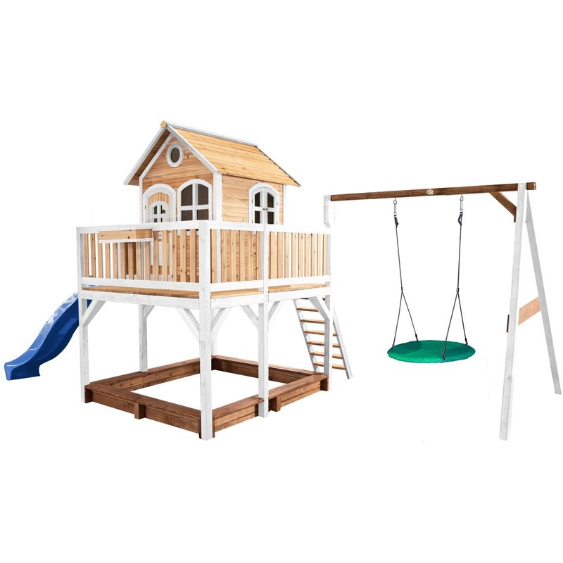 Axi Maisonnette Liam Avec Balancoire Nid Rond Summer Brun Blanc Avec Toboggan Bleu