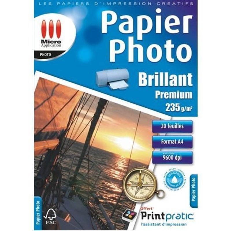 Micro Application Papier Photo BRILLANT PREMIUM - Brillant - blanc - A4 (210 x 297 mm) - 235 g/m² - 20 feuille(s) papier photo