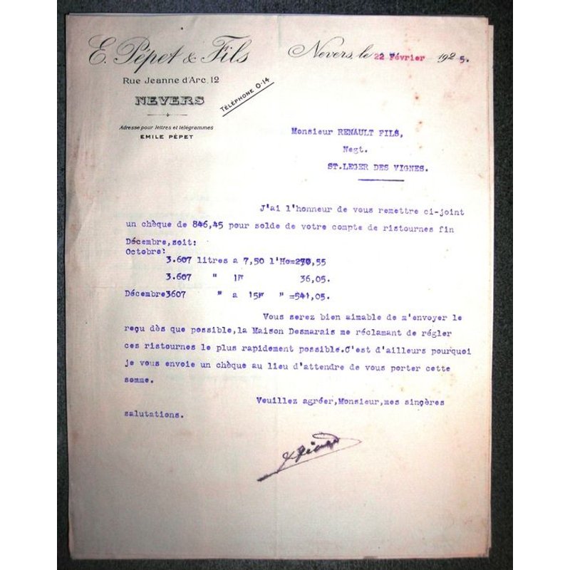 Lettre De 1925.E.Pépet & Fils Rue Jeanne D'arc 12 Nevers