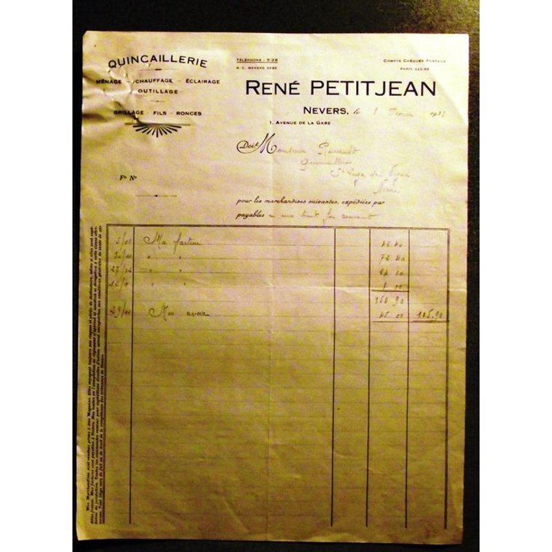 Facture De 1932.Quincaillerie Ménage Chauffage Éclairage René Petitjean 1,Avenue De La Gare Nevers