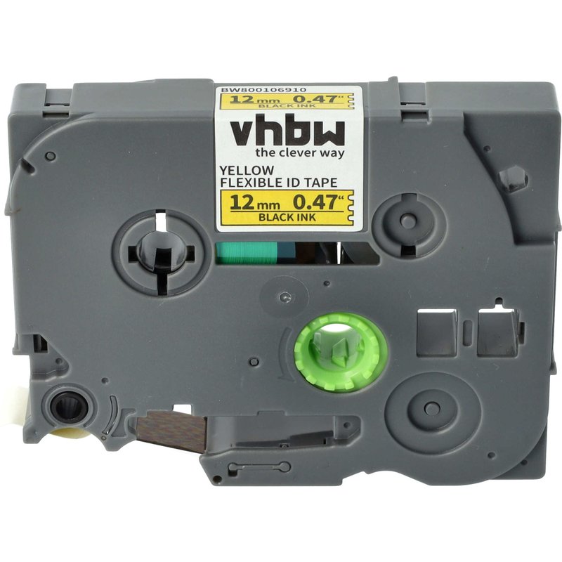 vhbw 1x Ruban compatible avec Brother PT H107B, H108, H108GT, H110BK, H105VP, H110 imprimante d'étiquettes 12mm Noir sur Jaune, flexible