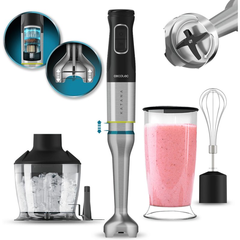 Cecotec Mixeur Ă Main Katana 15 Chop B. 1500 W, 21 Vitesses et Turbo, 4 Lames en Titane Noir, Cloche Antiprojections, Pied Extra-long, Kit d'Accessoires, Verre 800 ml