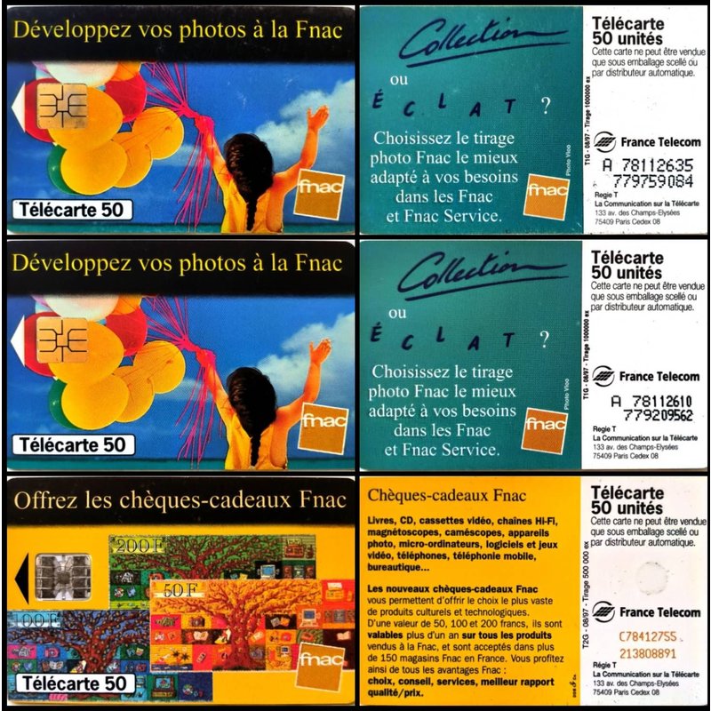 Télécartes (6) Divers Pubs ... Fnac 50u So3 08/97 Alignédroite (2) + 50u Sc7 08/97 + Playstation 50u Ob2 07/97 + 120u Ob2 07/97 + Marine Nationale Sc7 06/98 /