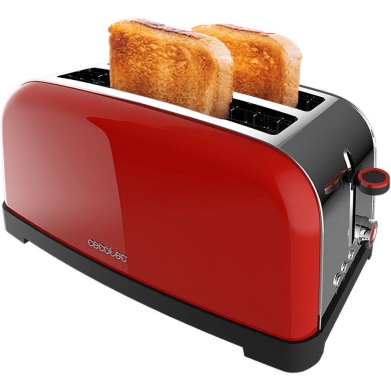 Cecotec Grille-pain vertical Toastin' time 1500 Red Lite, 1500 W de puissance, Capacité pour 4 tartines, Double fente longue et large de 3,8 cm, Auto-centrage, 7 positions de grillage