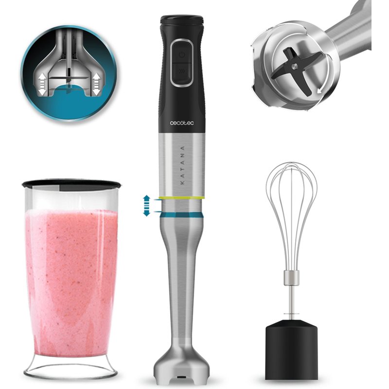 Cecotec Katana TotalDestroy 1200XL Cream Hand Blender, 1200 W, 21 vitesses et Turbo, 4 lames en titane noir, capot anti-éclaboussures, pied extra-long, gobelet de 800 ml.