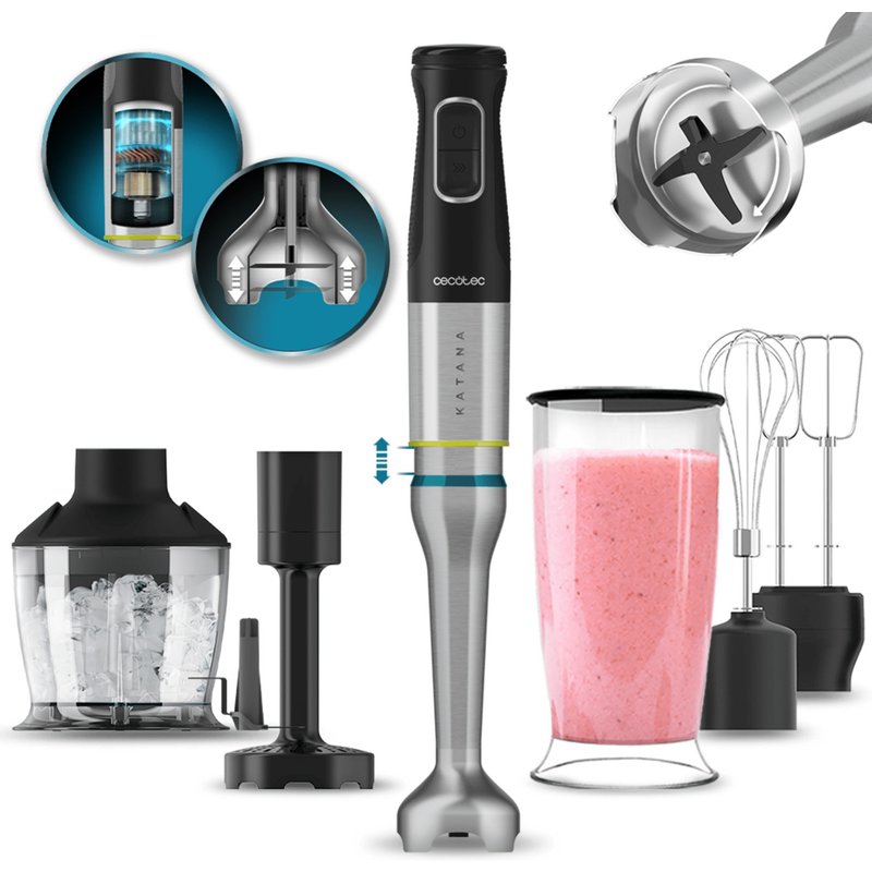 Cecotec Katana TotalDestroy 1500XL PerfectCream&Crush Hand Blender, 1500 W, 21 vitesses et Turbo, 4 lames en titane noir, capot anti-éclaboussures, pied extra-long, kit d'accessoires.