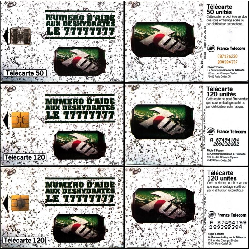 Télécartes (6) Divers 1998 ... 7up 50u Sc7 08 + 120u So3 08 Alignédroite + Alignégauche + Télétravail 50u Ob2 10 + Tabac Info Service Gem2 09 + Michelin So3 09 Alignégauche /