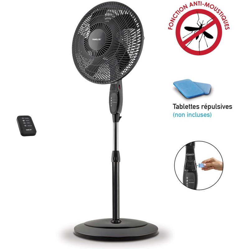Fanelite - Ventilateur sur pied S1632-RPG - Fonction ANTI-MOUSTIQUES - Diamètre 40cm - 3 vitesses - Hauteur ajustable - Oscillant ou fixe - Silencieux