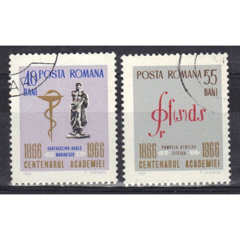 Roumanie 1966 : Centenaire De L'académie Des Sciences : Caducée Et Monument / Formule - Série De 2 Timbres Oblitérés