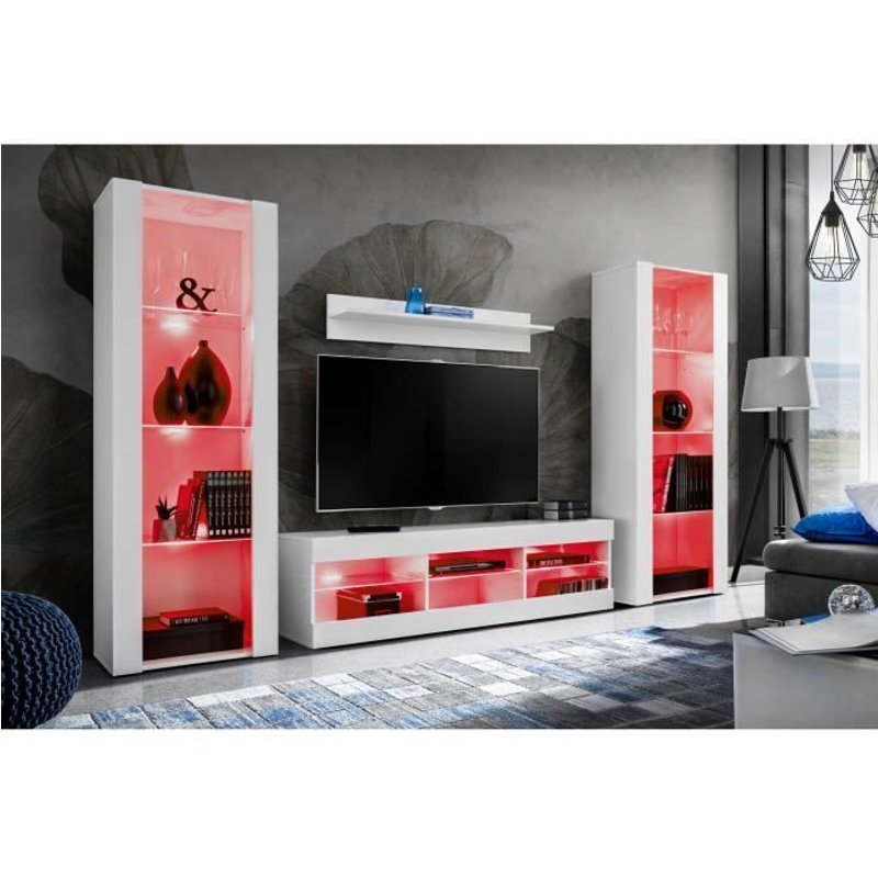 Meuble Tv Tivoli Set Grande Komodee - Led Rgb - Blanc Mat & Blanc - Façades En Mat - L 250cm X H 159cm X P35cm