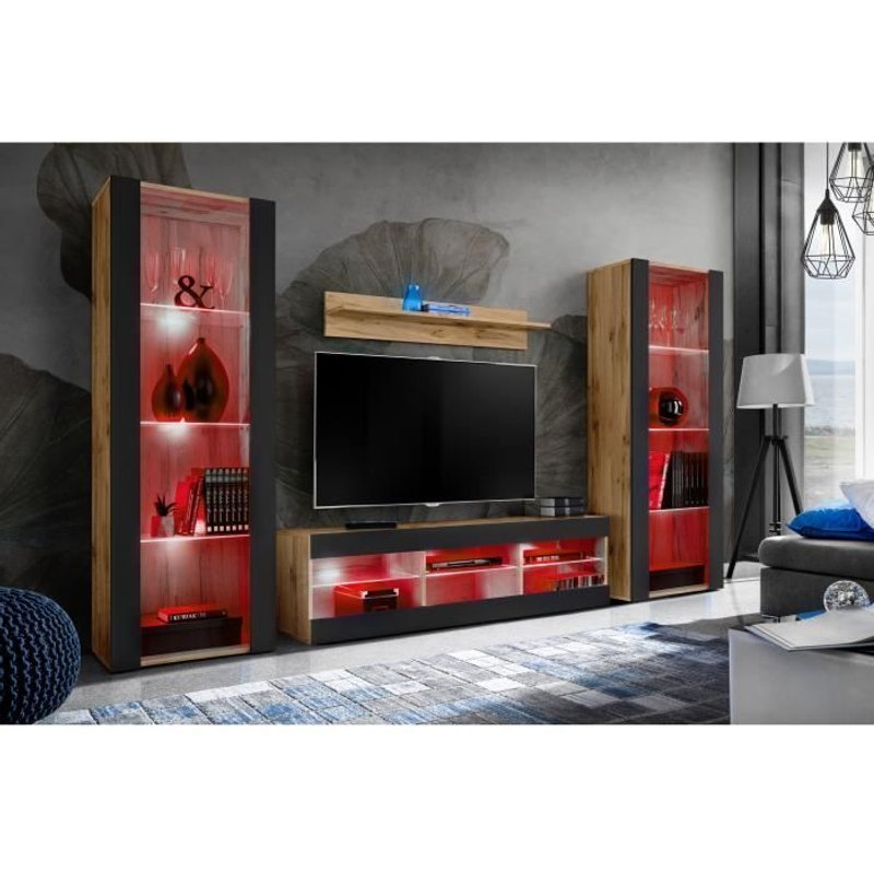 Meuble Tv Tivoli Set Grande Komodee - Led Rgb - Noir Mat & Bois Naturel - L 250cm X H 159cm X P35cm