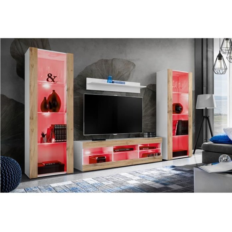 Meuble Tv Tivoli Set Grande Komodee - Led Rgb - Bois Naturel Mat & Blanc - L 250cm X H 159cm X P35cm