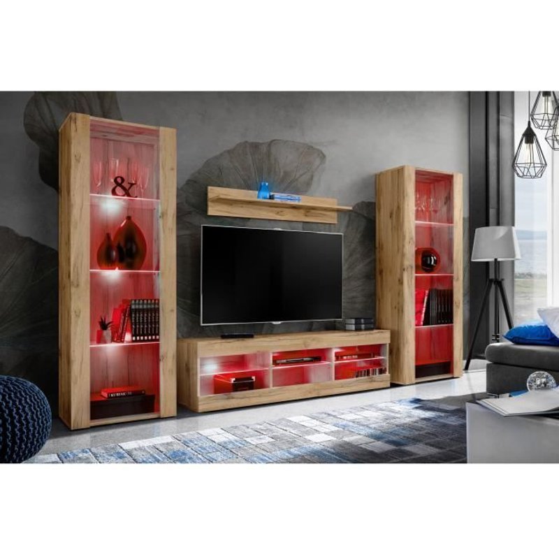 Meuble Tv Tivoli Set Grande Komodee - Led Rgb - Bois Naturel Mat & Bois Naturel - L 250cm X H 159cm X P35cm
