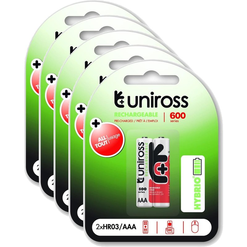 UNIROSS Lot de 5 Packs de 2 Piles Rechargeable AAA/HR03 600 NIMH HYBRIO, 1.2V