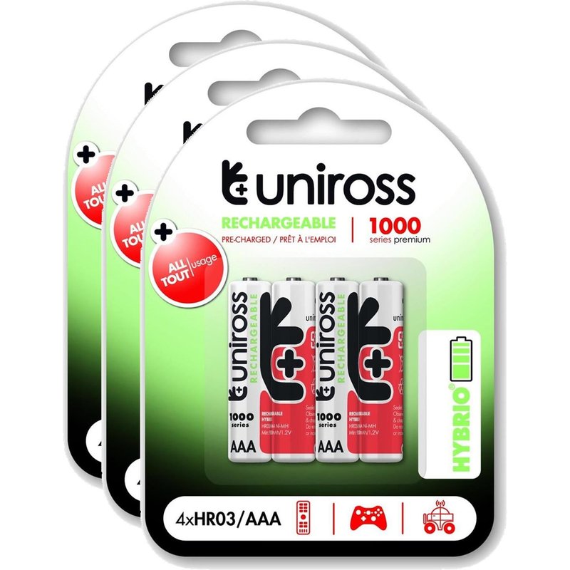 UNIROSS Lot de 3 Packs de 4 Piles Rechargeable AAA/HR03 1100 NIMH HYBRIO, 1.2V