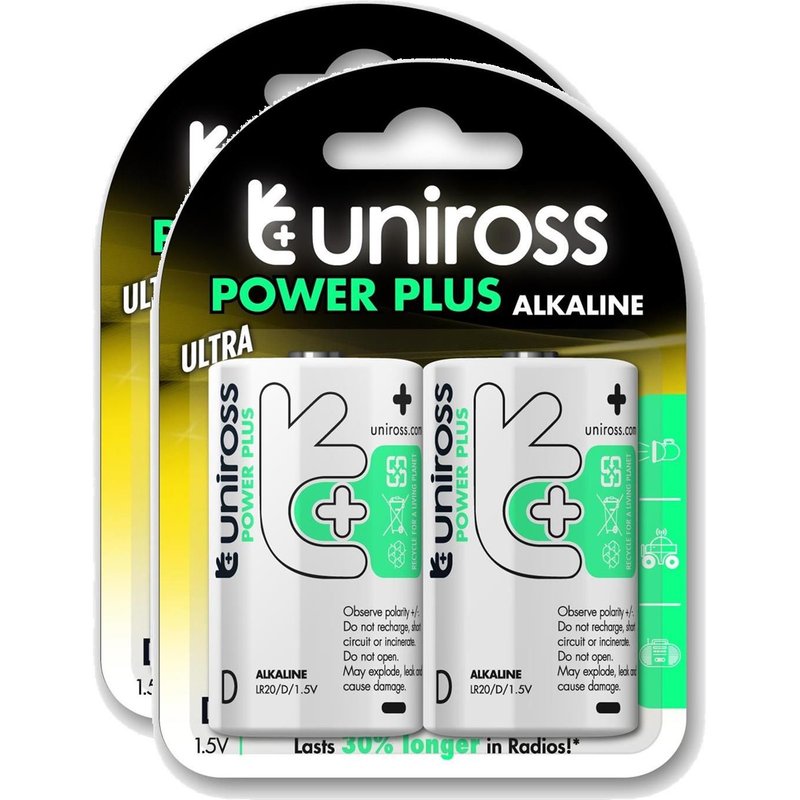 UNIROSS Lot de 2 Packs de 2 Piles Alcalines D-LR20 Power Plus 1,5V