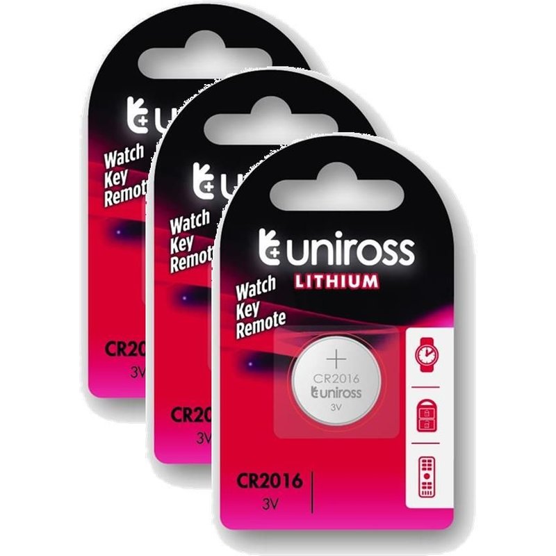 UNIROSS Lot de 3 Packs de 1 Pile Lithium CR2016, 3V