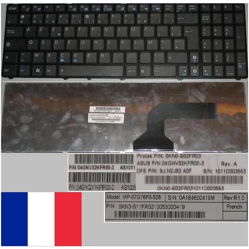 Clavier Azerty Français / French Pour ASUS G60 G73 G60J G60JX G60V G60VX, N61 N61V N61VG N61W N61J X61SL N71V Series, Noir / Black, NOLID, Model: MP-07G76F0-528, 0KN0-511FR021, P/N: 9J.N2J82.A0F, 0KN0
