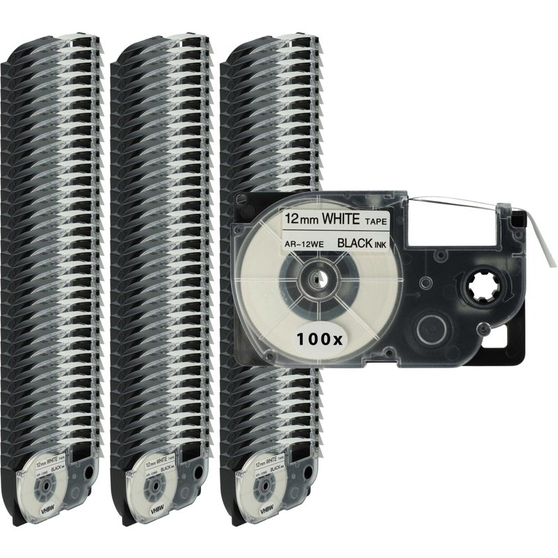 vhbw 100x Rubans compatible avec Casio KL-200, KL-2000, KL-130, KL-200E, KL-7400, KL-7200, KL-G2, KL-HD1 imprimante d'étiquettes 12mm Noir sur Blanc