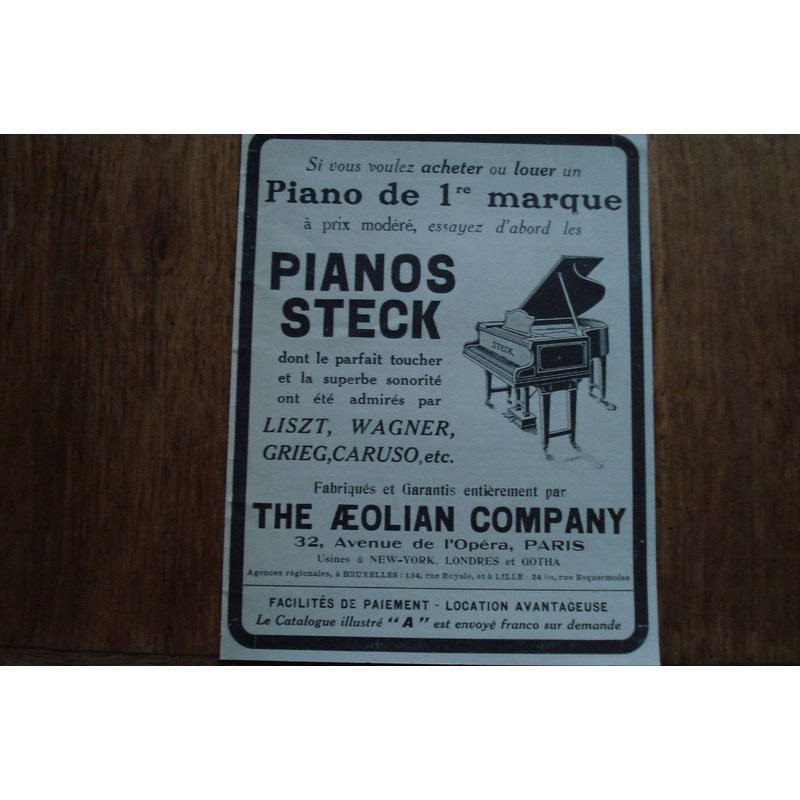 Publicité Années 1914 Pianos Steck
