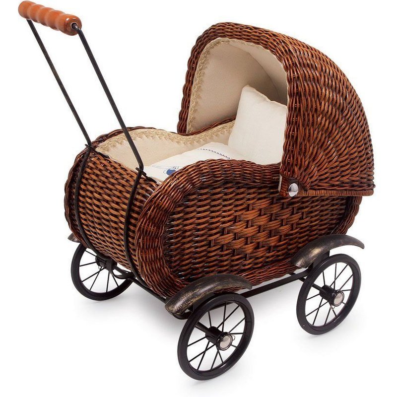 Landau de poupée en osier rétro > 51 x 32 x 52 cm--