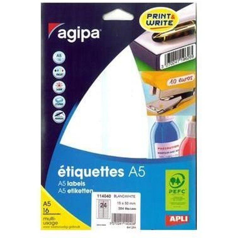 Apli-Agipa - Mat - Adhésif Permanent - Blanc - 19 X 32 Mm 640 Étiquette(S) (16 Feuille(S) X 40 Enveloppe Avec Eurohole - Étiquettes Multi-Emploi