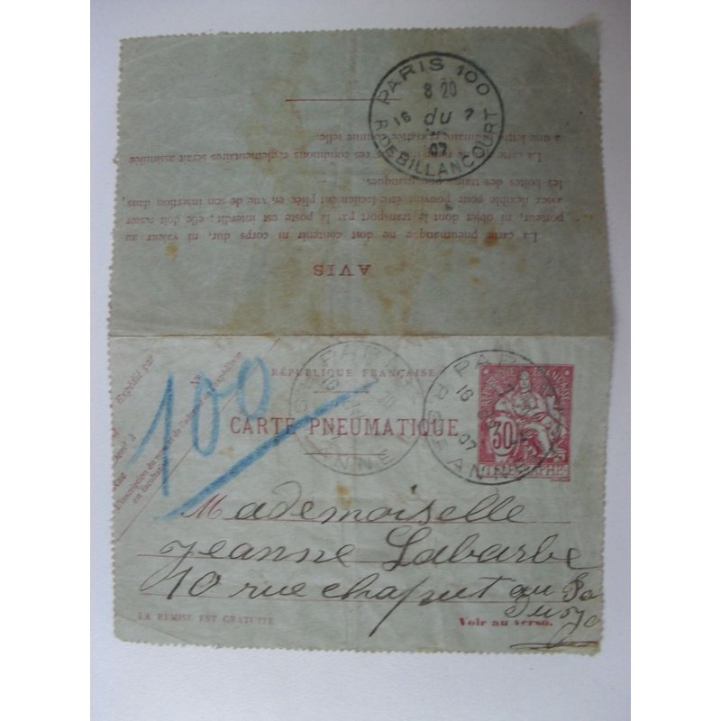 Entier Postal Pneumatique Télégraphe 1907 Chaplain 30c