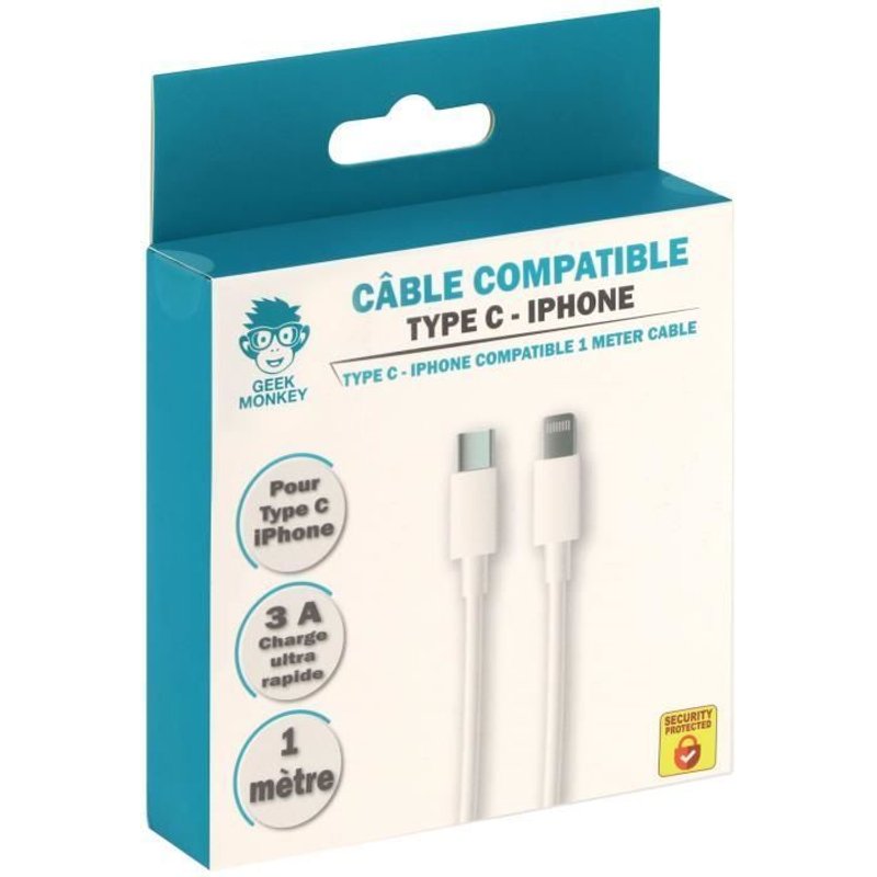 Câble GEEK MONKEY USB-C vers Lightning (Apple) - Charge rapide 3A - 1 mètre - Blanc