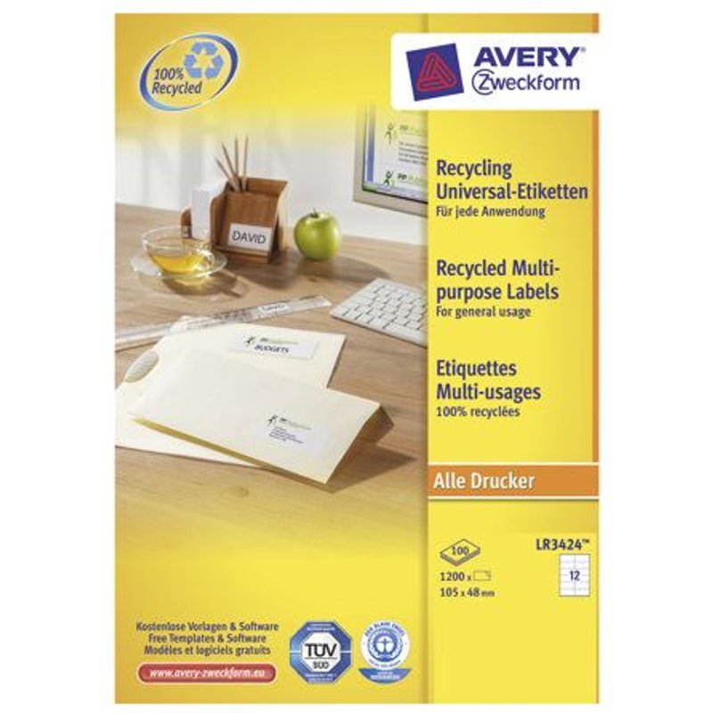 Avery QuickPEEL Recycled Labels LR3424 - Blanc - 48 x 105 mm 1200 étiquette(s) (100 feuille(s) x 12 étiquettes recyclées