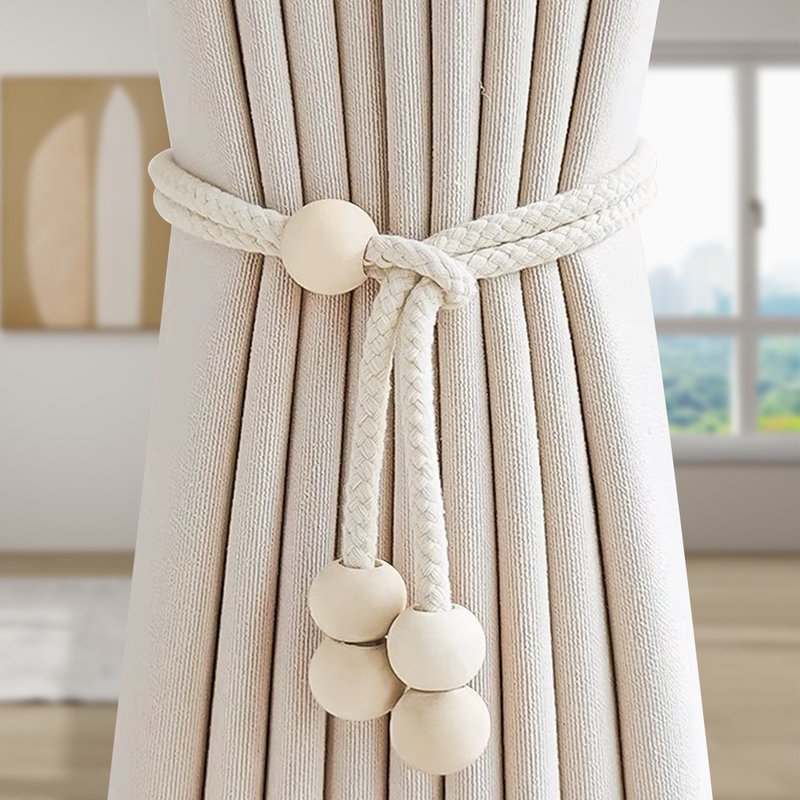 Cotton Rope & Wooden Bead Curtain Tiebacks - No-Hole Adjustable Drape Holders (Boho Style)