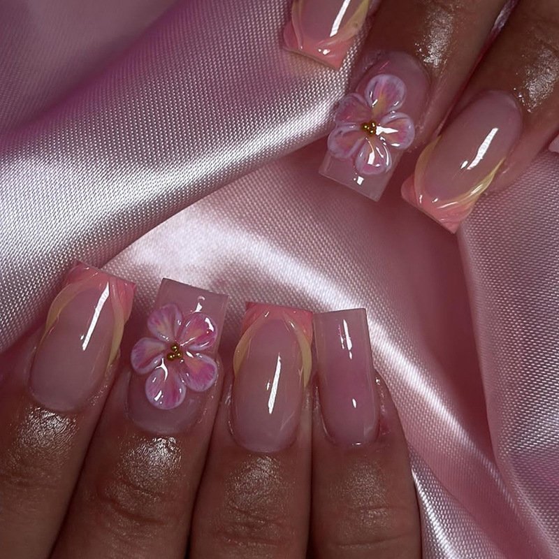 Beauty & Health Girl Blush Gradient French Three Dimensional Stripes Ice Flower Gold Beans Ins Style Detachable Nail Art Pieces 24 Pieces