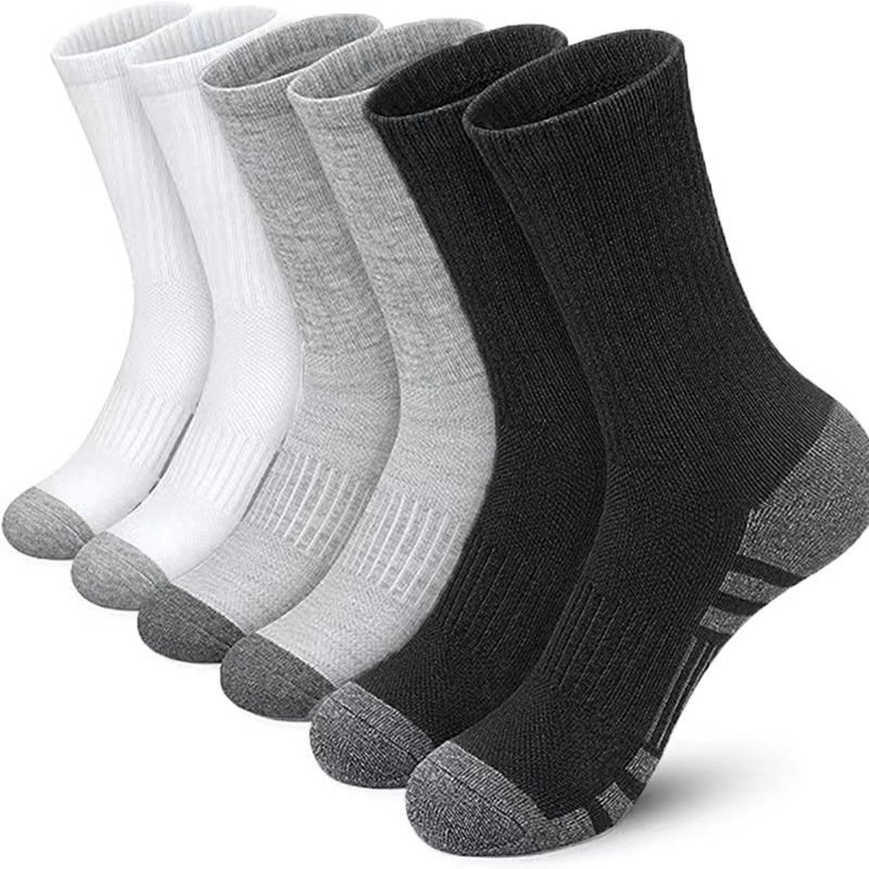 Men's solid color sports socks large size foreign trade basketball mid tube socks cotton breathable autumn and winter black and white gray