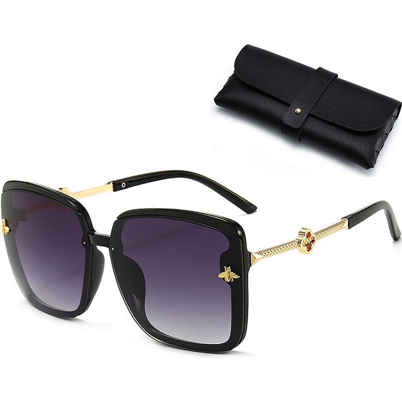 VOOTHOST Oversize Brand Design Bee Sunglasses Women Vintage Metal Big Sun Glasses Female Square With Leather Glasses Case F0116