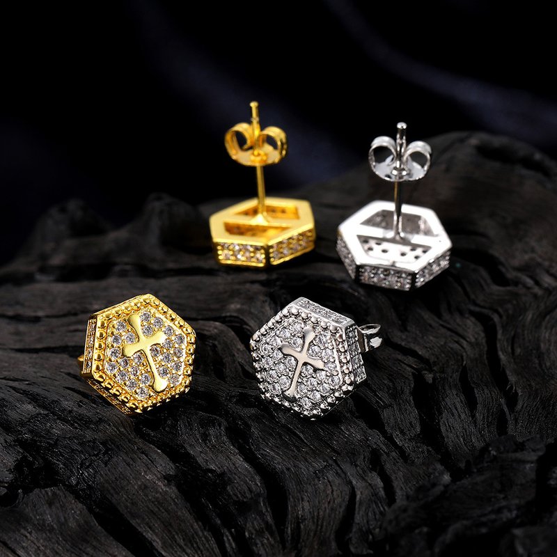 Hot Selling Popular Cross Zircon for Men's Hexagonal Gold Plated Full Diamond Hip Hop Earrings