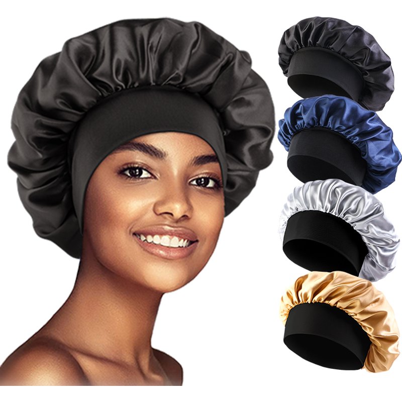 Women's Satin Solid Bonnets Wide-brimmed Night Sleeping Bathing Hat Unisex Head Wrap Elastic Band Cap Hair Care Bonnet