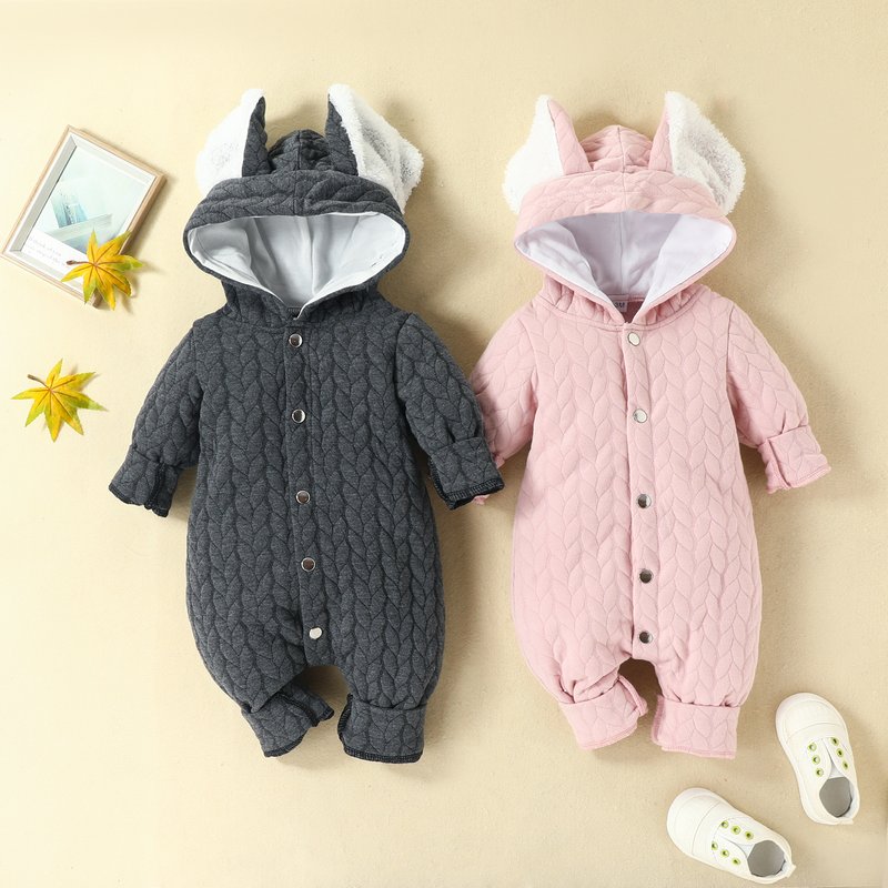 Mother & Kids Soft Cotton Baby Hooded Romper With Bunny Ears - Long Sleeve Jumpsuit For Infants 0-18M (Grey/Pink)