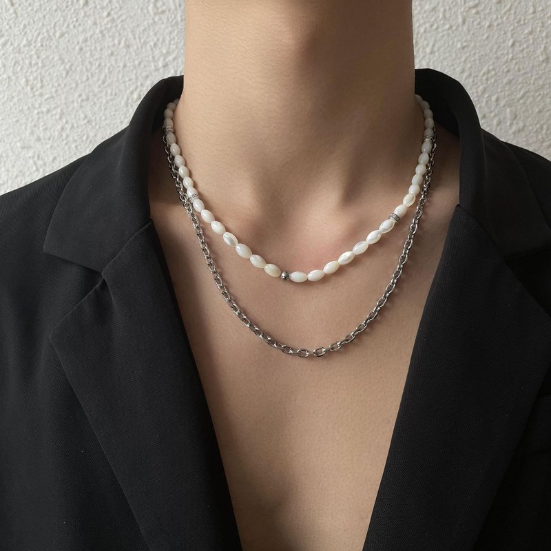 Trendy Men And Women Hip Hop Titanium Steel Shell Bead Double Layer Sweater Chain Versatile Couple Accessories Street Dance 4 Same Necklace