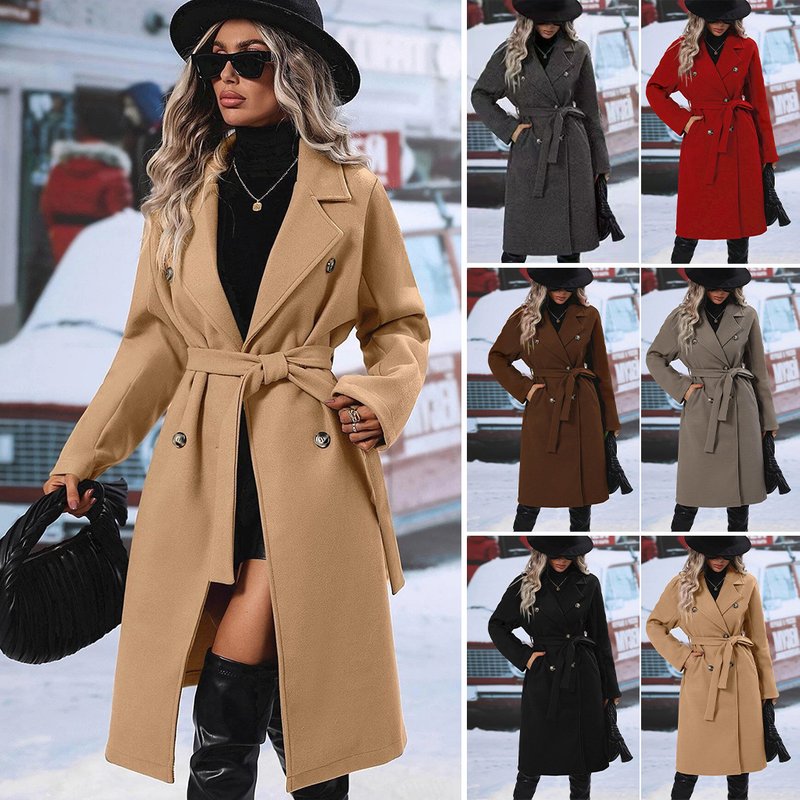 Women's Double-Breasted Belted Wool Coat With Notched Lapel - Classic Long Trench Coat For Fall & Winter (Available In 5 Colors)