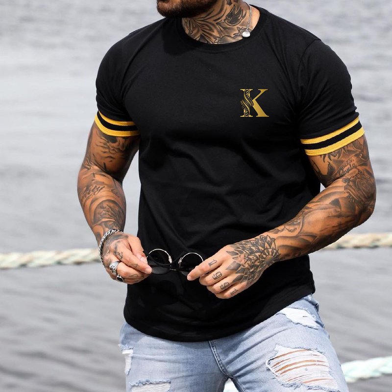Euroean Men's Fashionable K Rint Color Blocking Casual Slim Fit Short Sleeved T-shirt Summer Outdoor Sorts Running