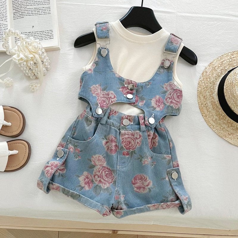 Children's Suit New Arrival Summer Korean Style Girls Sweet Spicy Flower Suspenders Denim Suit Thin Underwear Three Piece Suit Trendy