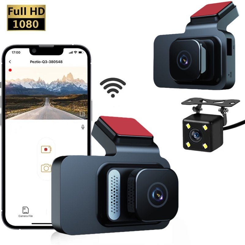 Dashcam front and rear recording high-definition 3-inch WiFi dual lens adhesive infrared night vision car recorder