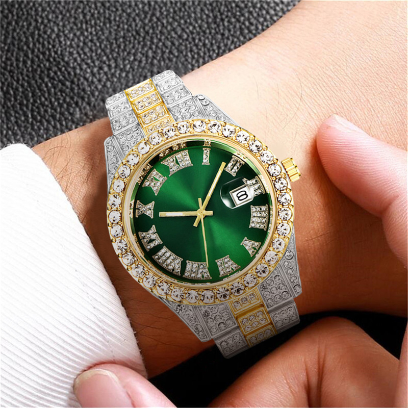New men's steel belt quartz watch hip-hop business steel belt calendar men's full diamond men's watch men's