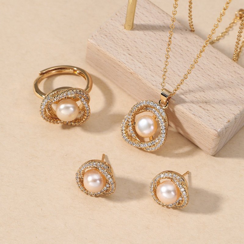 Women's Jewelry Set Elegant Light Luxury Copper Inlaid Zircon Pearl Camellia Pendant Necklace Earrings Set Fashion Jewelry